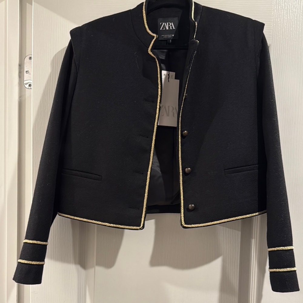 Zara Black Cropped Blazer with Gold Trim
